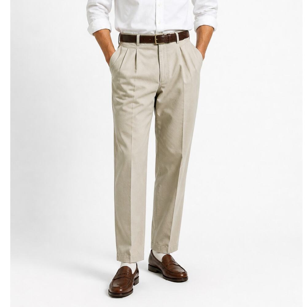 Bill Blass Casuals Khaki Pleated Pants Mens 36x32 Classic Fit Cotton Dress Chino